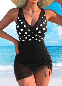 Black White Polka Dot Mesh Swim Dress