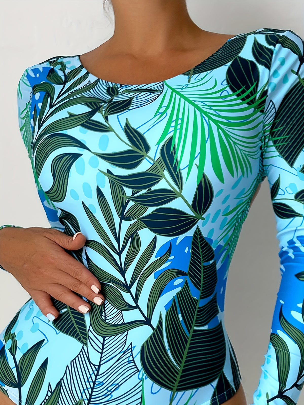 Tropical Print One-piece Swimsuit Long Sleeves Backless