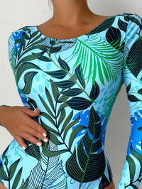 Tropical Print One-piece Swimsuit Long Sleeves Backless