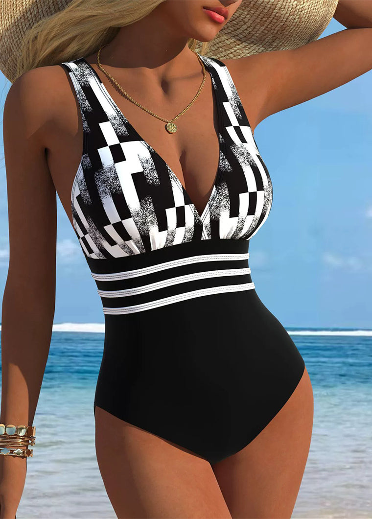 Black White Checkered V-Neck Swimsuit