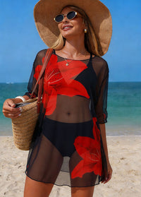 Bold Red Lily Print Sheer Mesh 3 Piece Bikini