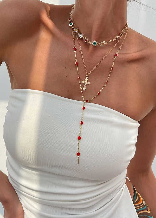Colorful Crystal Vintage Metal Cross Pendant Y-Necklace