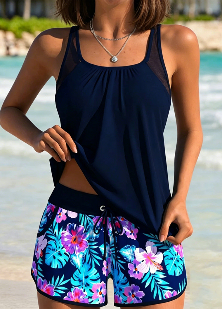 Flowy Navy Mesh Accents Tankini Set