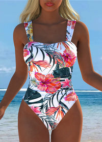 White Tropical Floral Square Neck Swimsuit