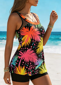 Mesh Accents Tropical Print Tankini Set