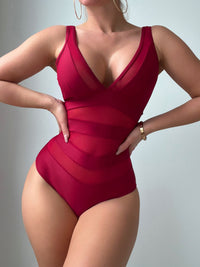 Contrast Mesh V Neck One Piece Swimsuit Tummy