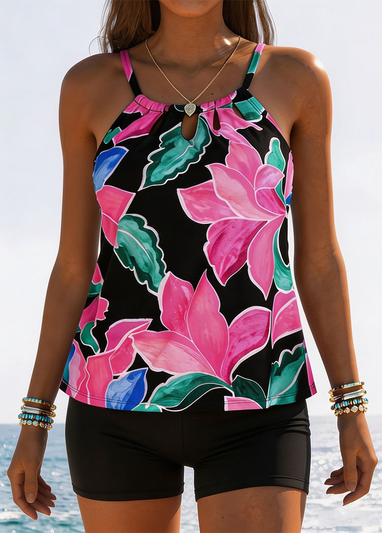 Black Floral Print Halter Tankini Set