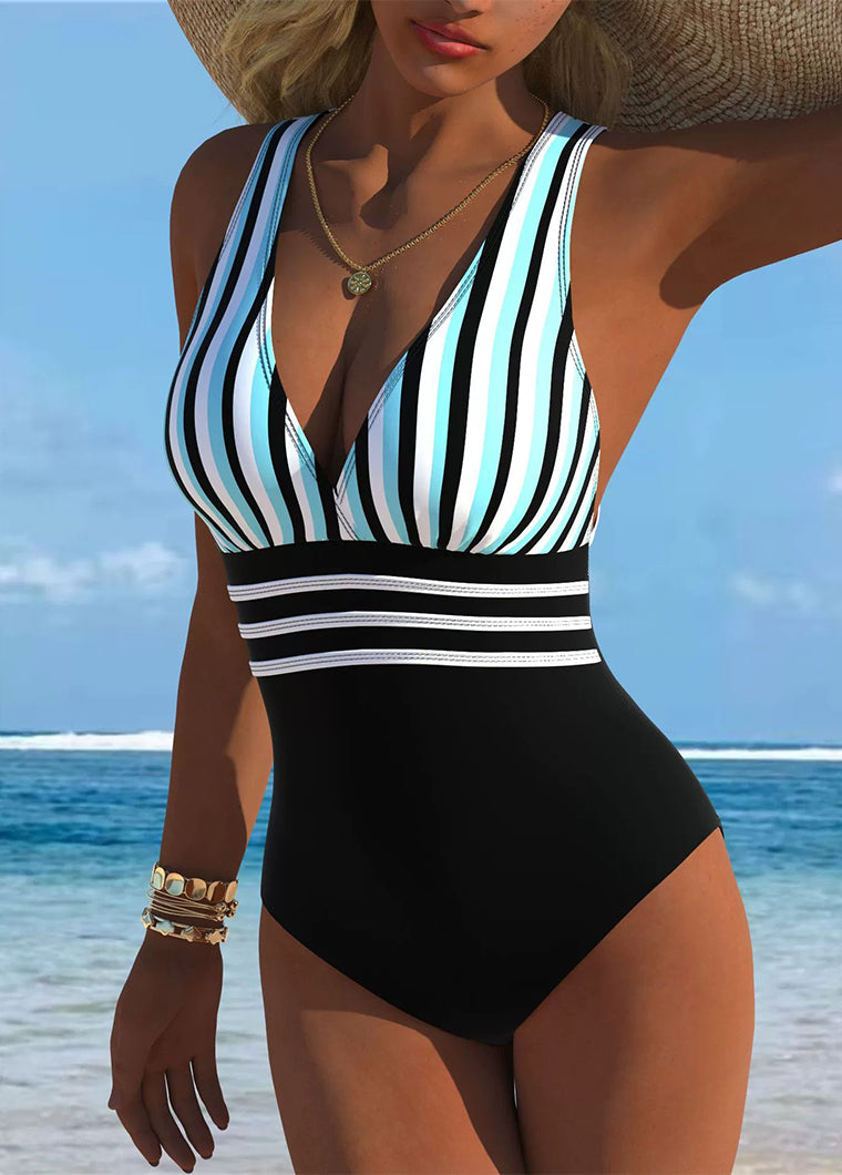 Blue Black White Stripe V-Neck Swimsuit