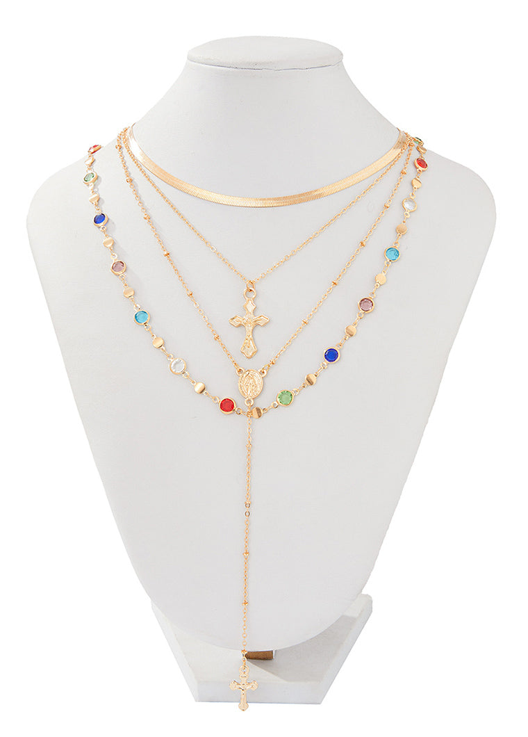 Colorful Crystal Vintage Metal Cross Pendant Y-Necklace