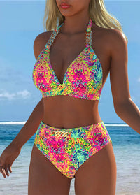 Neon Psychedelic Print Chain Halter Bikini Set