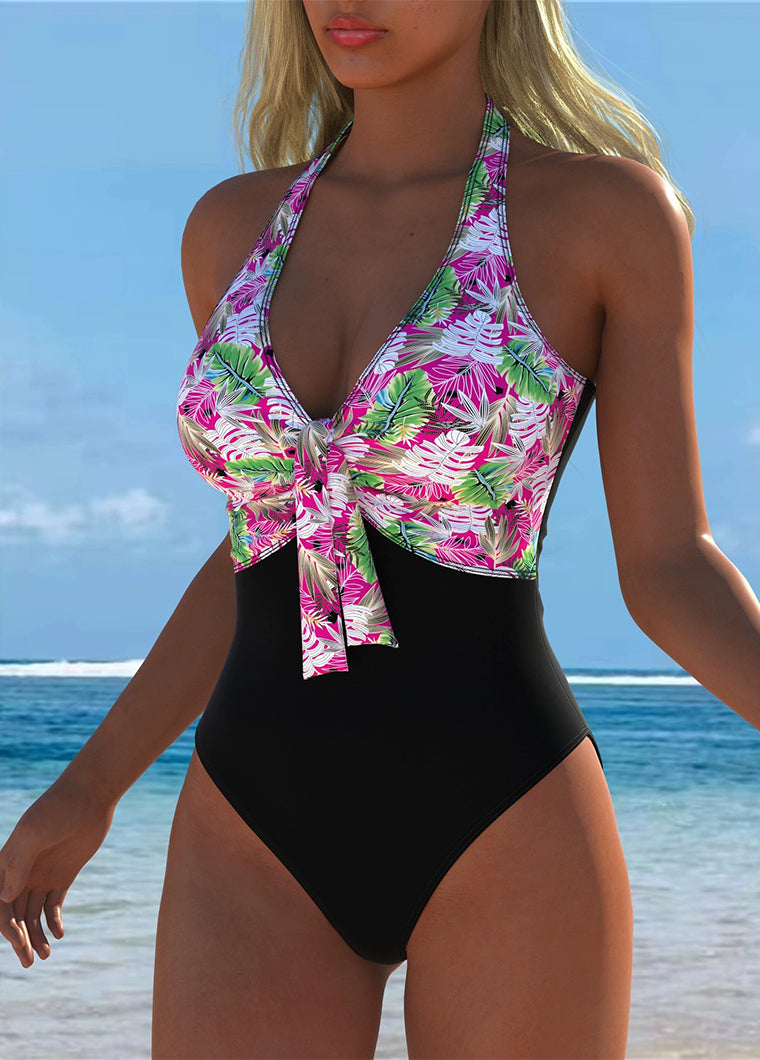 Pink Tropical Leaf Print Halter Swimsuit