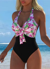 Pink Tropical Leaf Print Halter Swimsuit