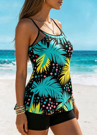 Tropical Leaf Print Mesh Panel Tankini Set