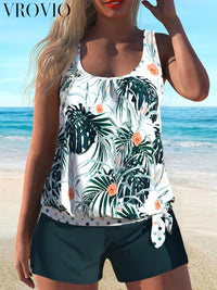 Scoop Neck Tropical Print Knot Detail Tankini Swimsuit