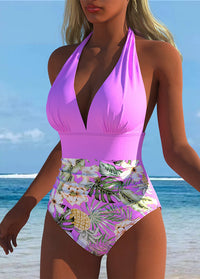 Lilac Halter Neck Tropical Floral One-Piece Swimsuit
