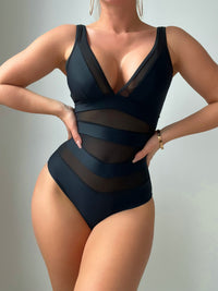Contrast Mesh V Neck One Piece Swimsuit Tummy