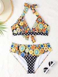 Classic Polka Dot Halter Neck Lace-Up Bikini Set