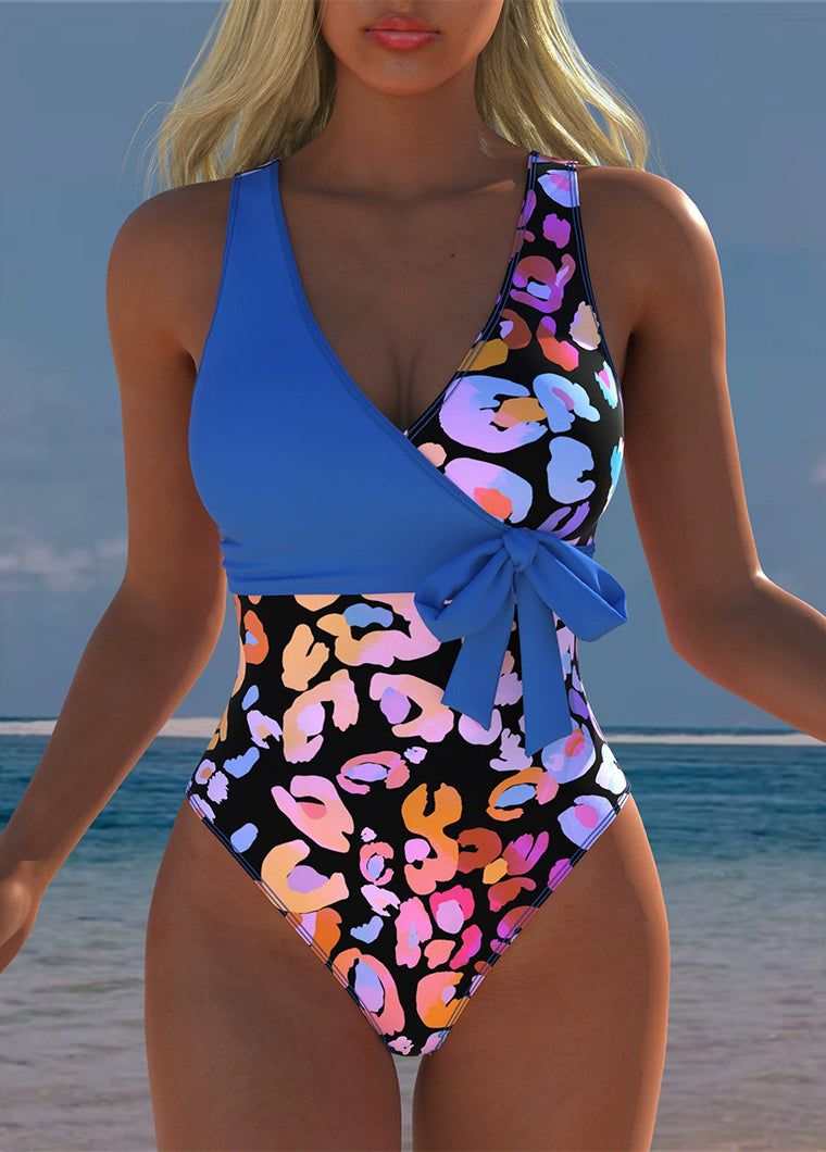 Blue Colorful Leopard Print Wrap Swimsuit