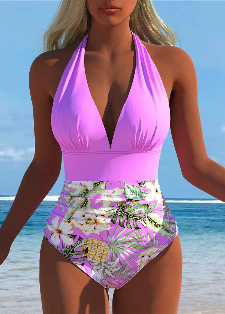 Lilac Halter Neck Tropical Floral One-Piece Swimsuit