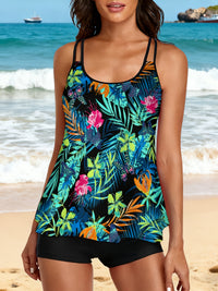 Women'S 2pcs Tropical Floral Print Loose Swimwear Tankini Set