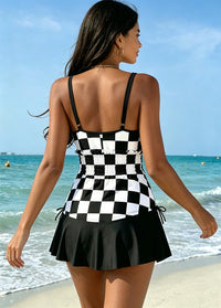 Chic Black-and-white Checkered Tankini Ste