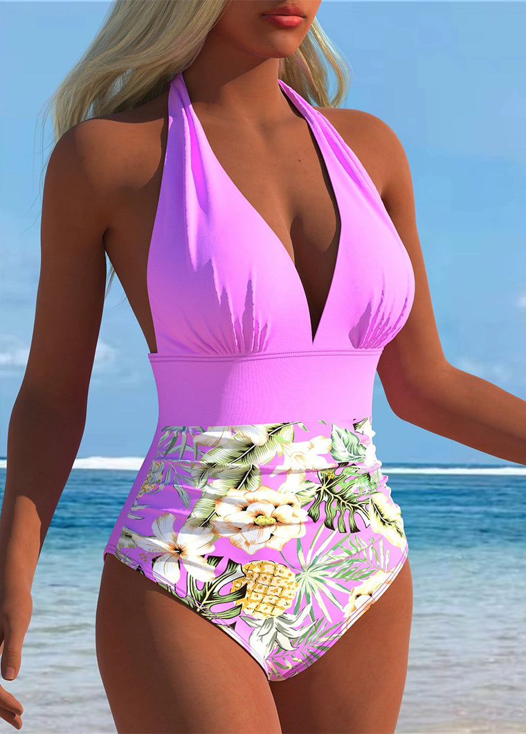 Lilac Halter Neck Tropical Floral One-Piece Swimsuit