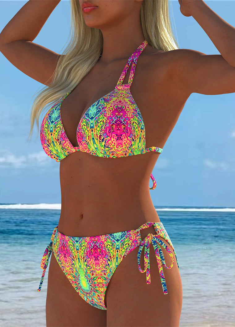 Neon Psychedelic Halter Triangle Bikini Set