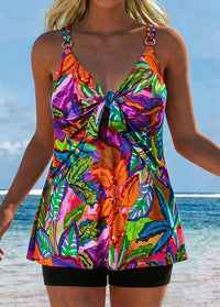 Tropical Print V-Neck Tie-Front Tankini Set