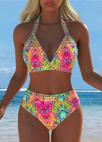 Neon Psychedelic Print Chain Halter Bikini Set