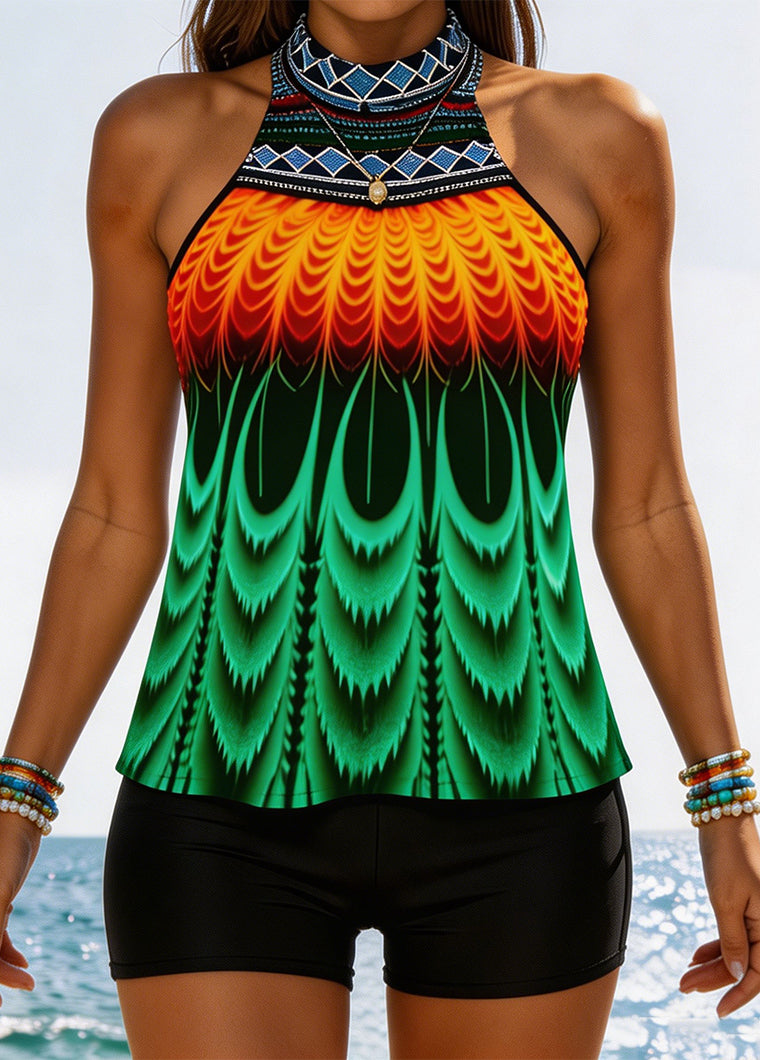 Boho Gradient Feather Halter Swimwear