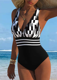 Black White Checkered V-Neck Swimsuit