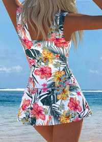 White Tropical Floral V-Neck Swim Dress
