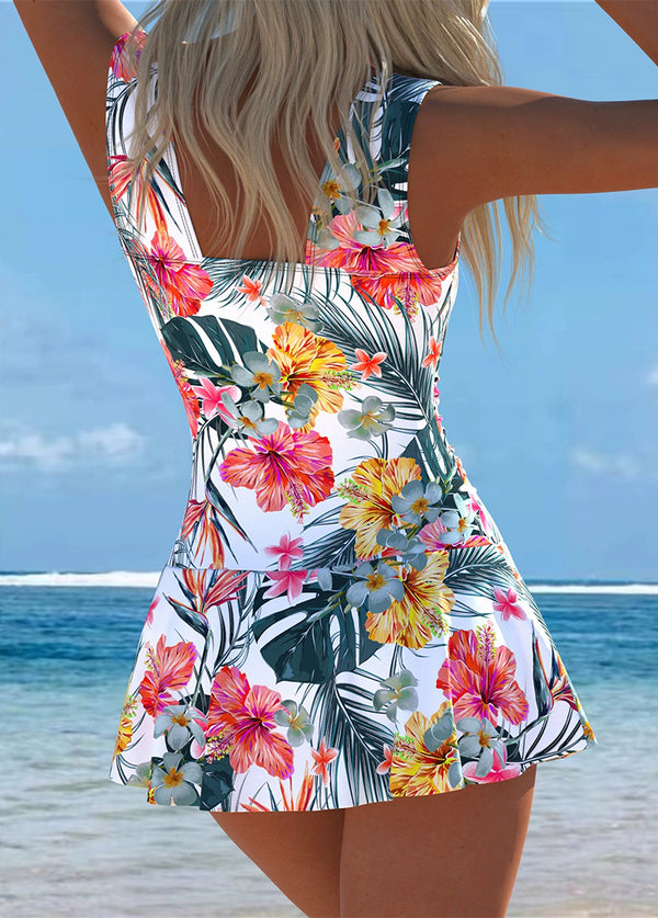 White Tropical Floral V-Neck Swim Dress