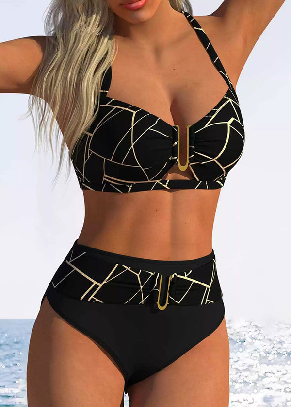 Black Gold Geometric U-Bar High Waist Bikini Set