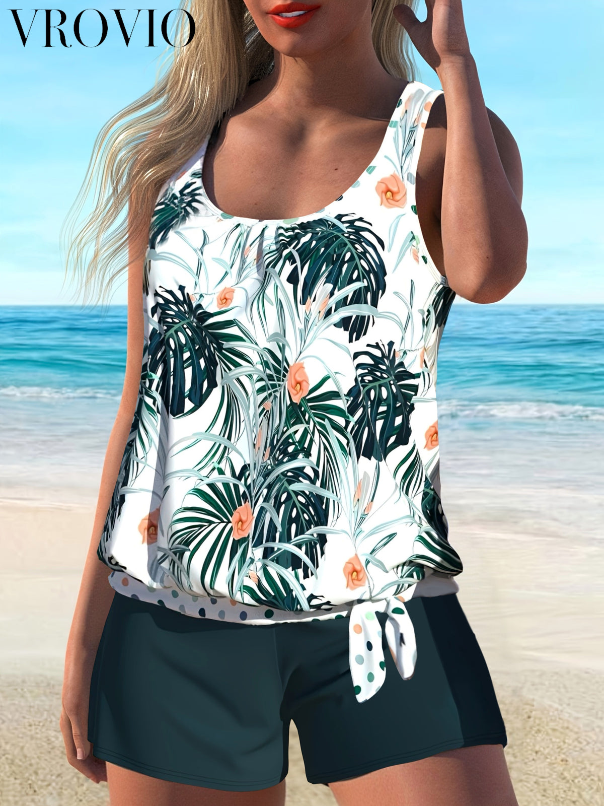 Scoop Neck Tropical Print Knot Detail Tankini Swimsuit