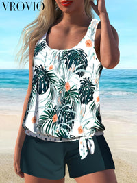 Scoop Neck Tropical Print Knot Detail Tankini Swimsuit