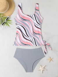 Gray and Pink Wavy Stripe Boyshort Tankini