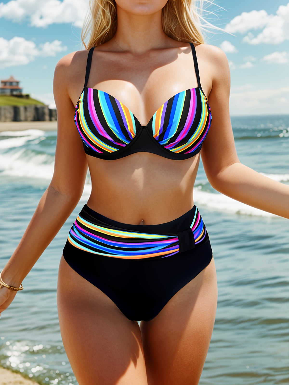 Stylish Vibrant Striped Two-Piece Fashion Bikini