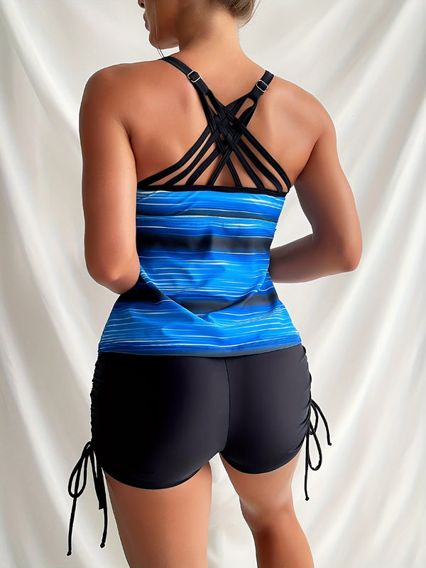Vibrant Blue Striped Round Neck Tankini Set