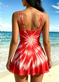 Red & White Tie-Dye Flared Swim Dress