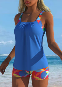 Blue Tankini with Colorful Geometric Swim Shorts