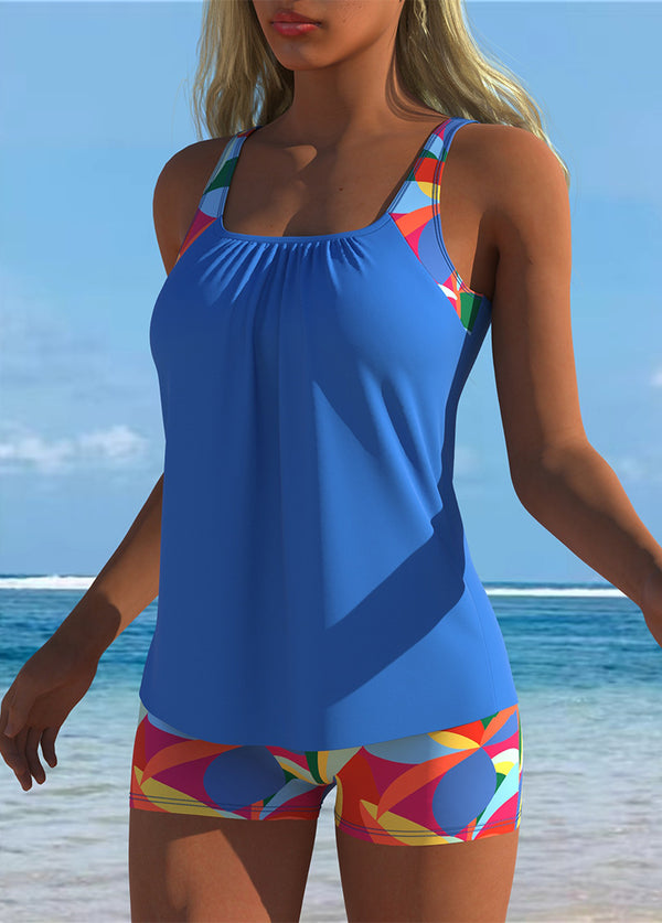 Blue Tankini with Colorful Geometric Swim Shorts