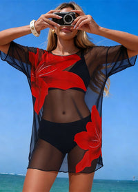 Bold Red Lily Print Sheer Mesh 3 Piece Bikini