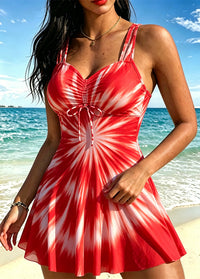 Red & White Tie-Dye Flared Swim Dress