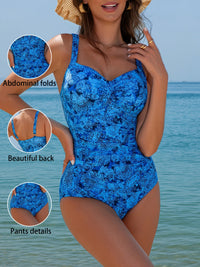 Blue Ethnic Paisley Ruched One Piece Swimsuit