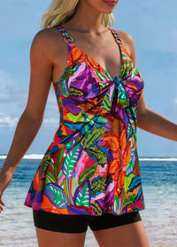 Tropical Print V-Neck Tie-Front Tankini Set