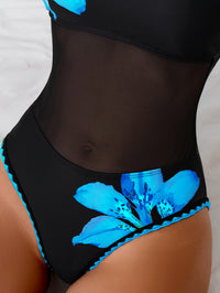 One-Piece Swimsuit with Mesh Patchwork And Floral Print,