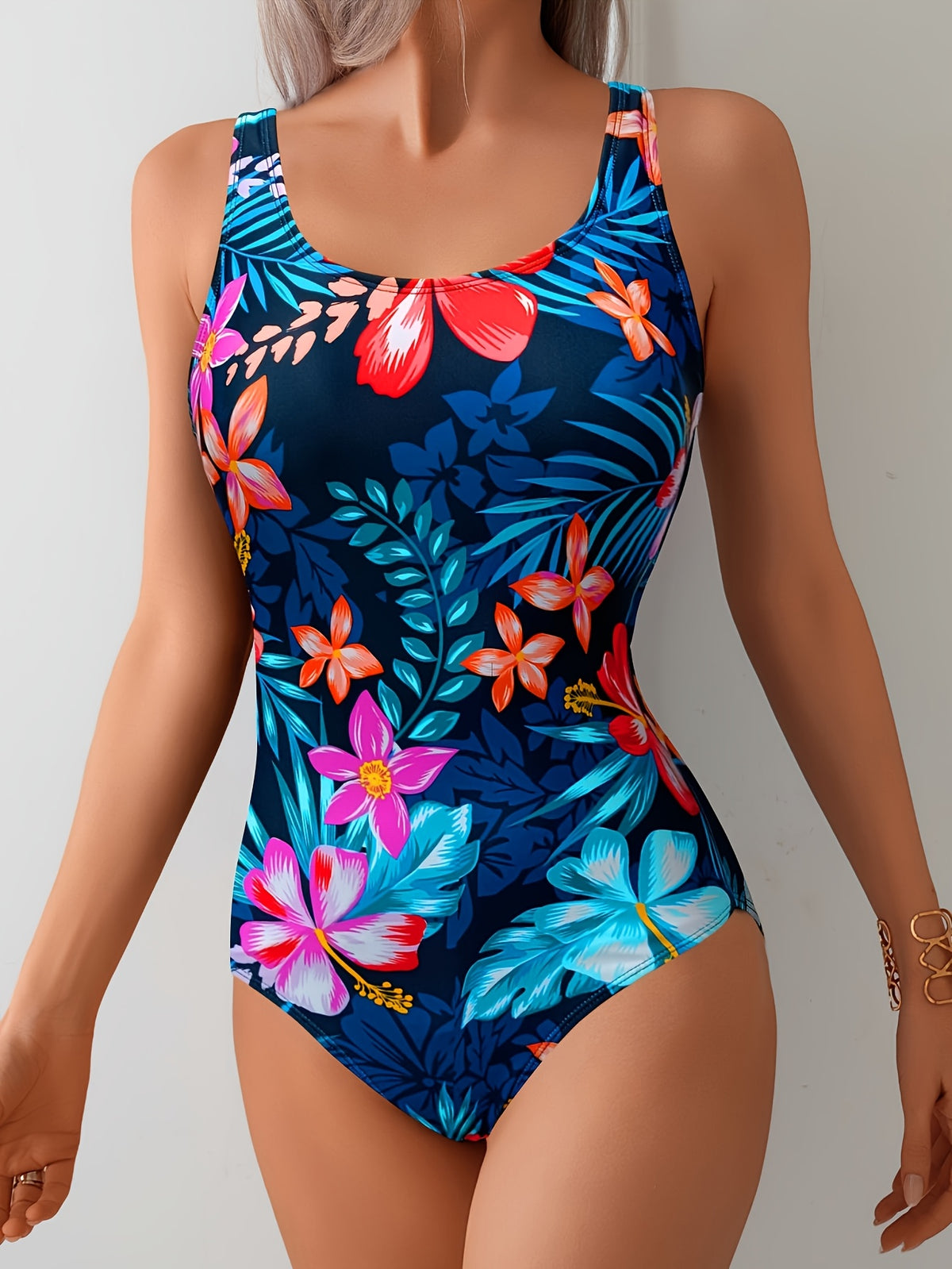 Vibrant Tropical Hibiscus Print One Piece Swimsuit