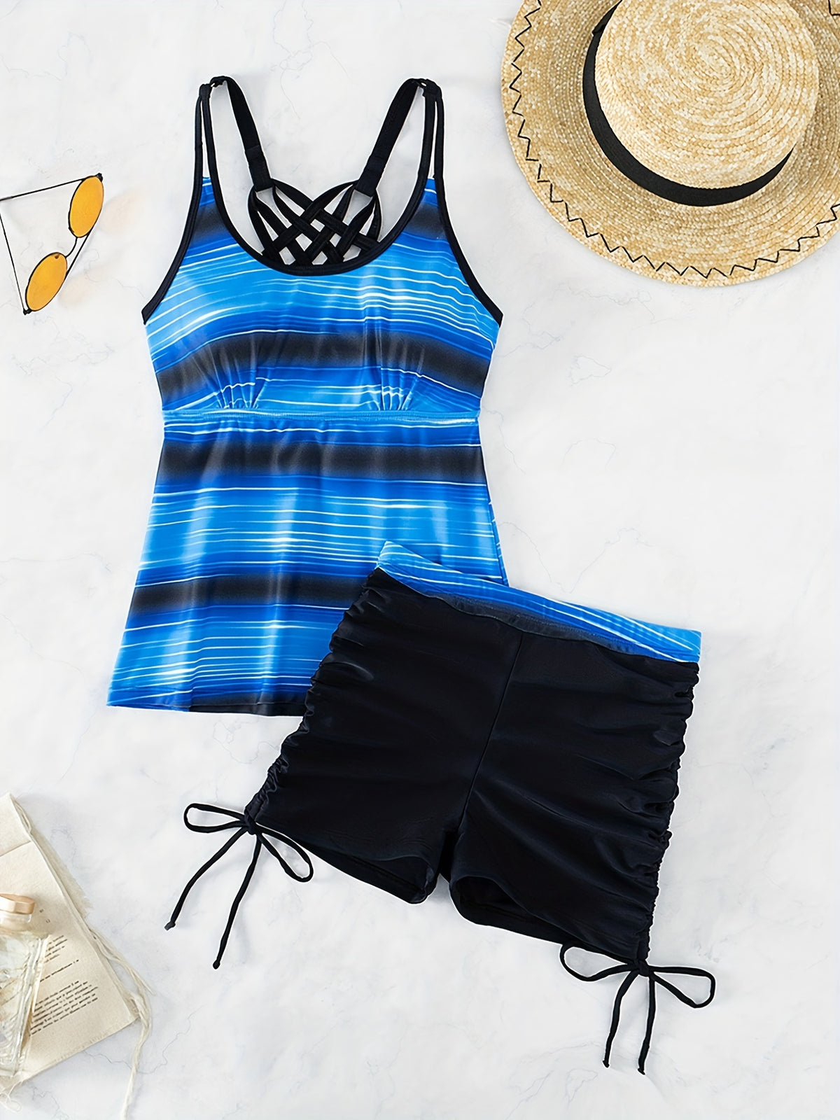 Vibrant Blue Striped Round Neck Tankini Set