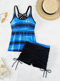 Vibrant Blue Striped Round Neck Tankini Set